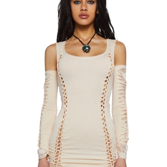 Off White Distress & Lace Mini Dress & Gloves - Picture 4 of 4